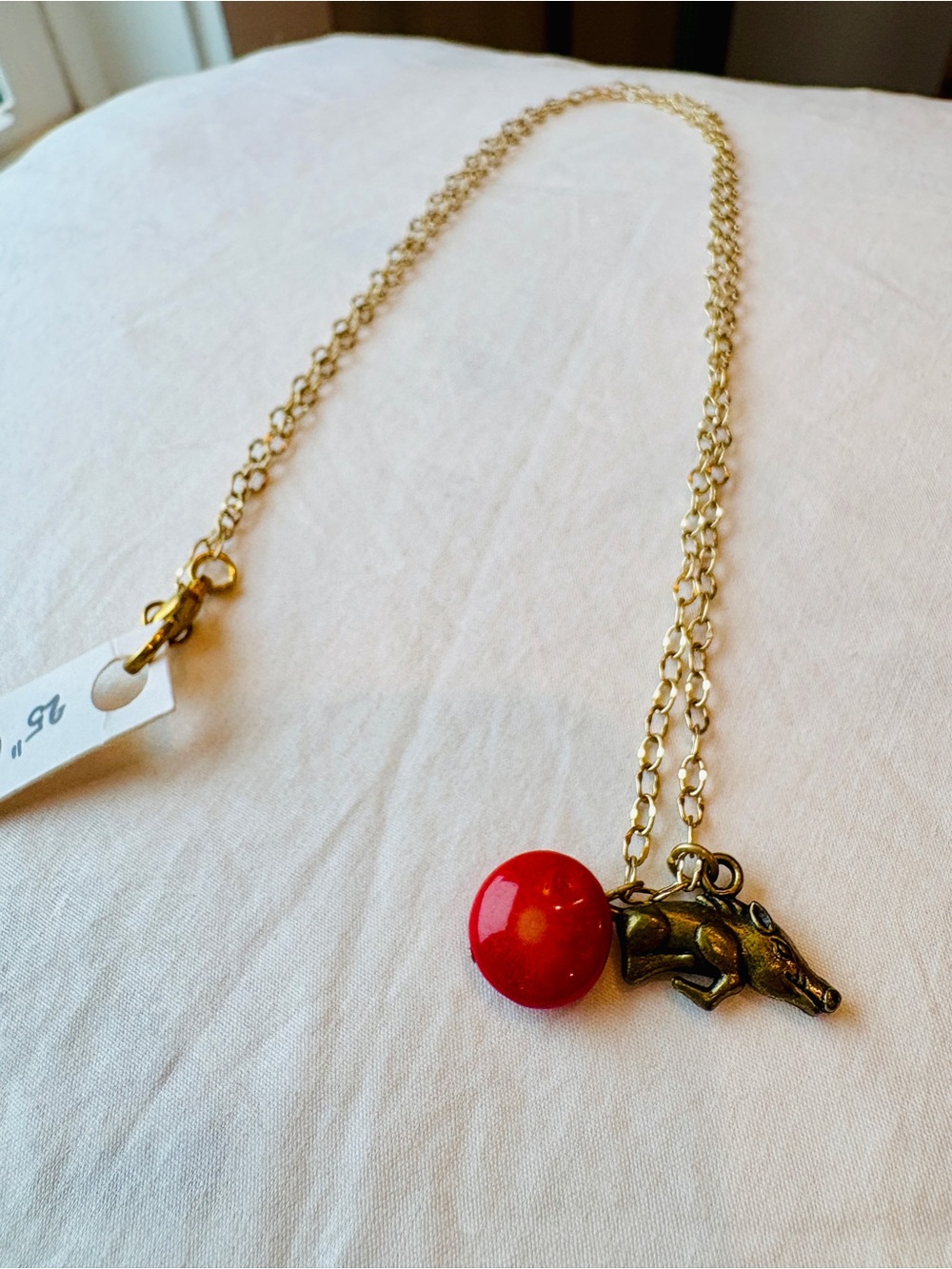 Satin Gold plated 25” Chain Necklace with Red Bead and Boar Charm